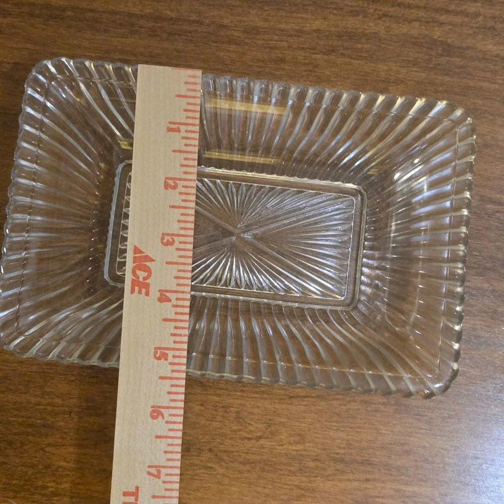 Vintage Clear Pressed Glass Ribbed Rectangular Dish Sunburst Base 8.25in